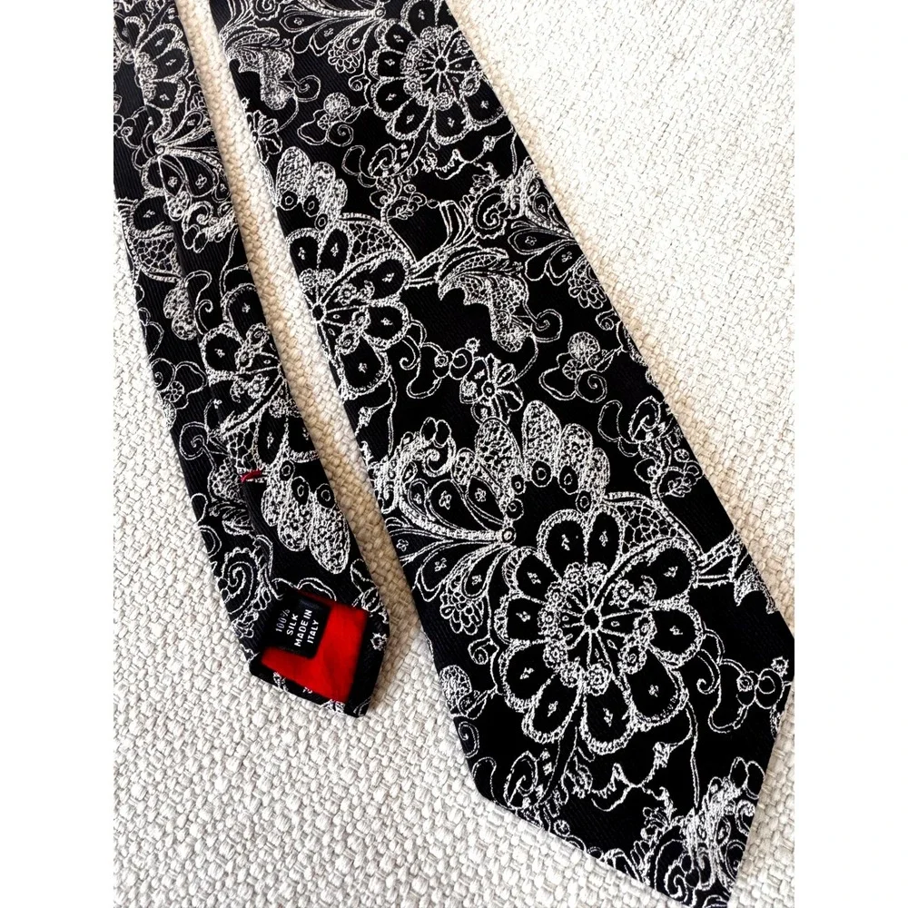Christian Lacroix Mens Silk Tie Black White Floral Pattern Made in ITALY